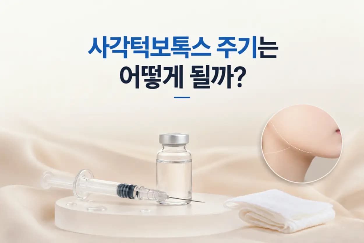 바이알과 주사기, 교근 부위를 표시한 턱선 확대 컷을 담은 사각턱보톡스 주기 썸네일