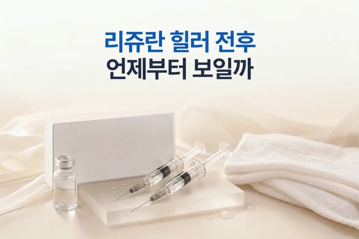 리쥬란 힐러 주사기와 볼 피부 확대 컷을 함께 담아 시기별 피부결 변화를 보여주는 썸네일