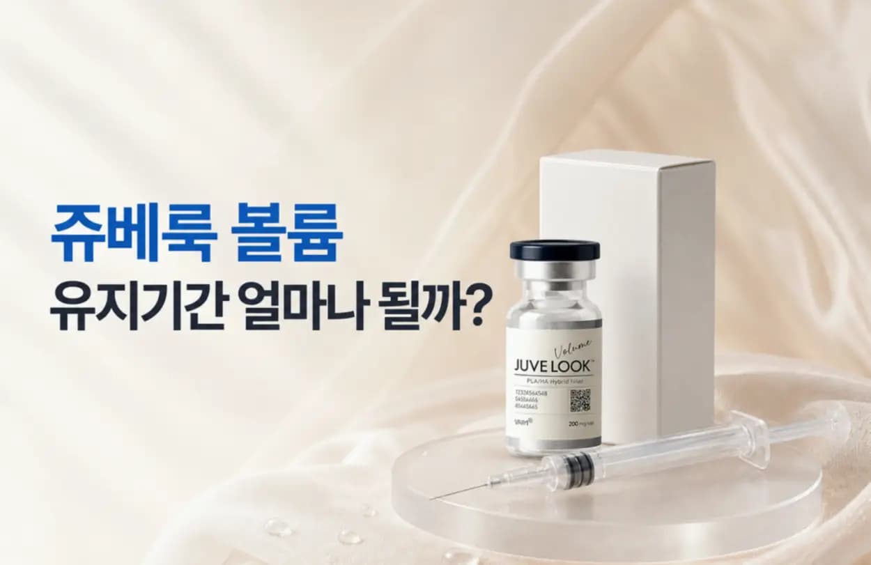 쥬베룩 볼륨 바이알과 주사기, 진피층에 콜라겐이 차오르는 확대 컷을 조합한 유지기간 썸네일