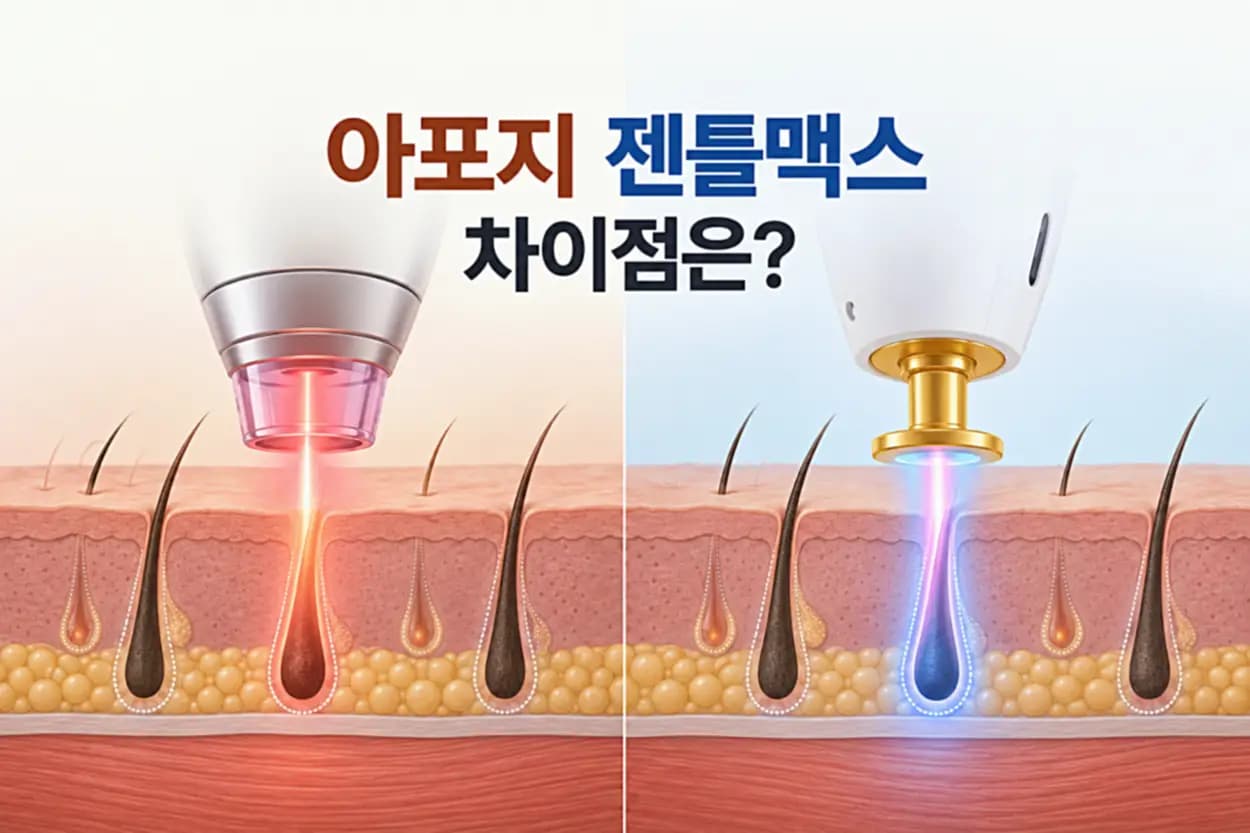 아포지와 젠틀맥스의 차이를 비교하기 위해 두 장비의 레이저가 피부 속 모낭에 에너지를 전달하는 모습을 나타낸 이미지